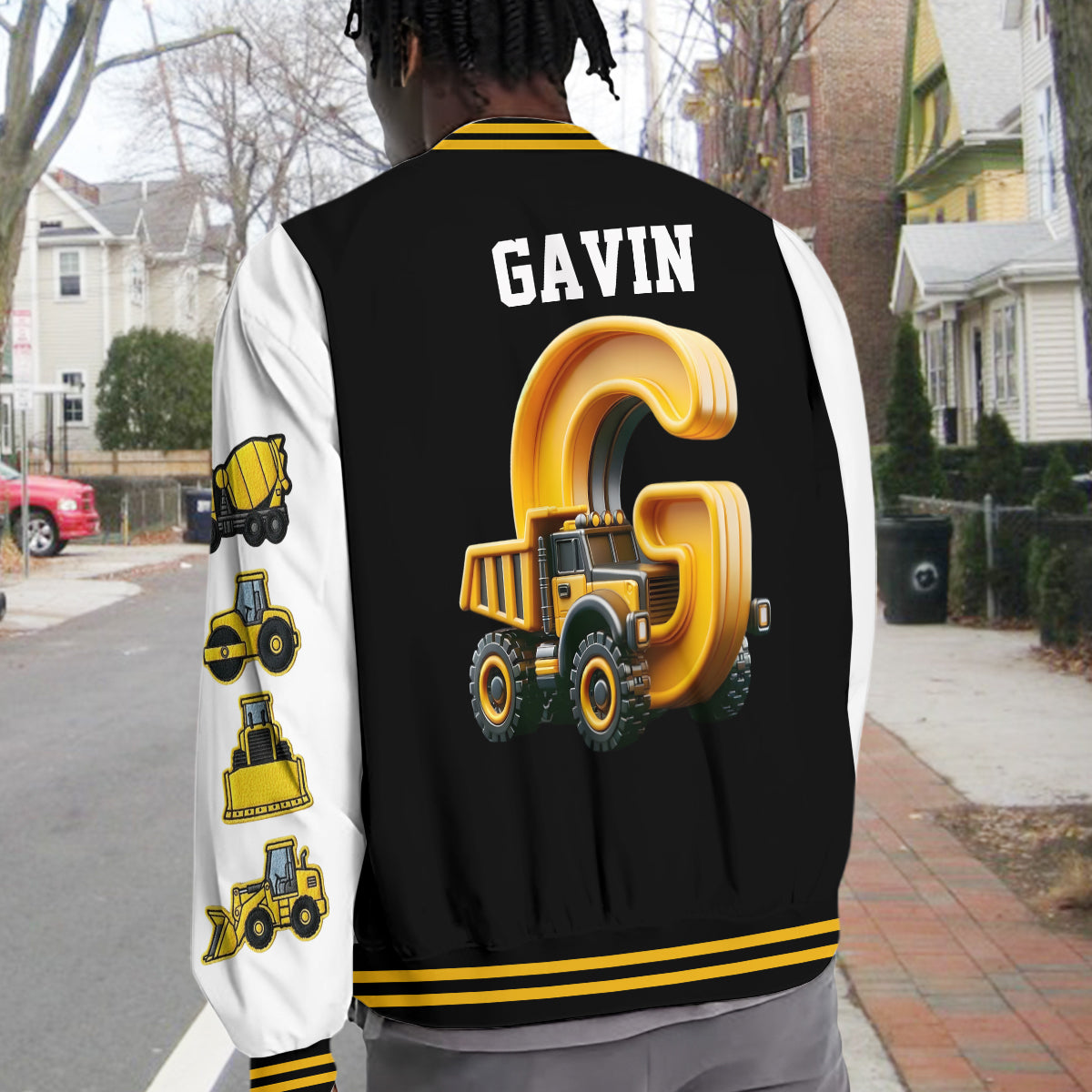 Initial Construction Vehicles For Boys And Girls - Personalized Kid Varsity Jacket