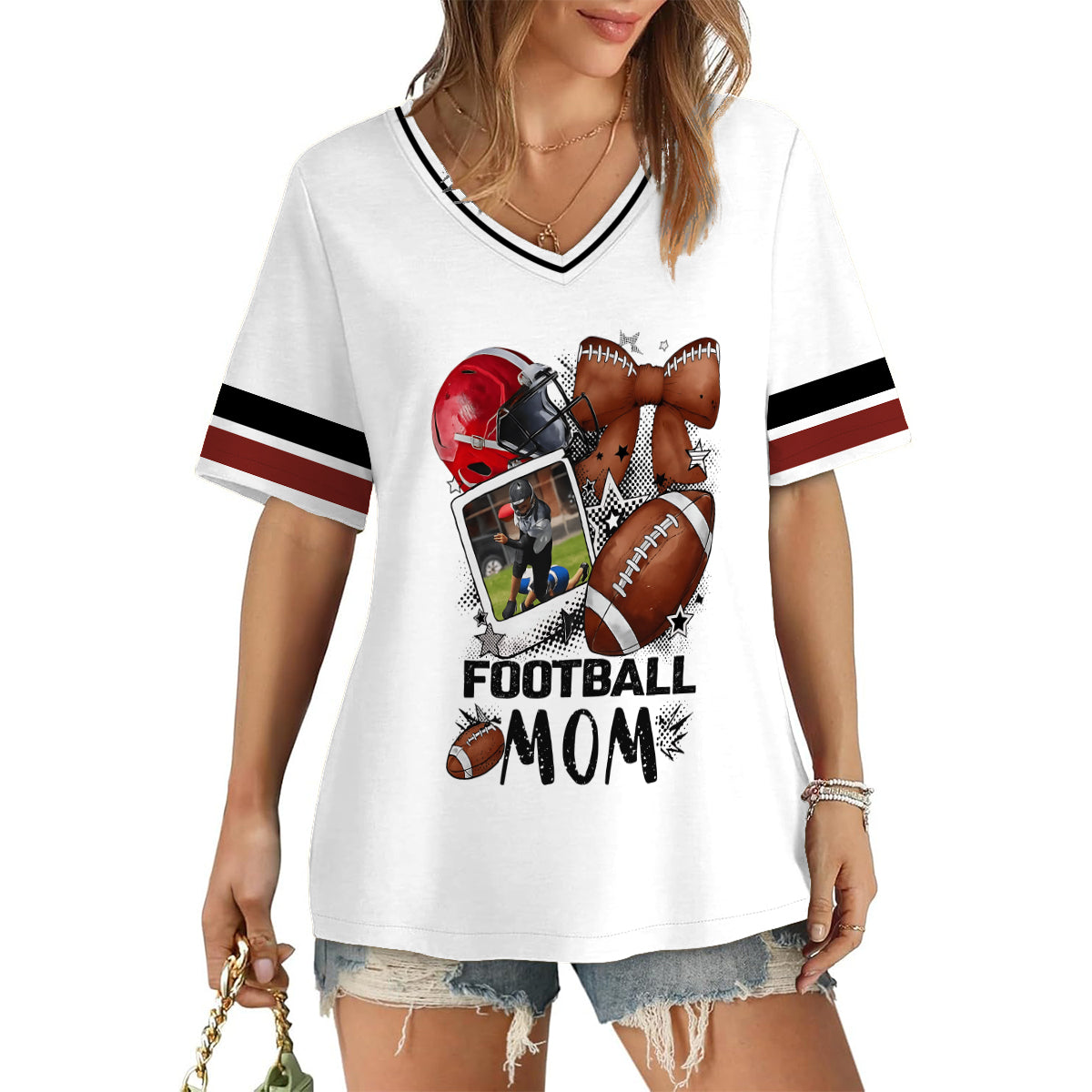 Fußball-Mama/Papa/Oma/Onkel/Tante.... - Personalisiertes Fußball-T-Shirt mit V-Ausschnitt und vollflächigem Aufdruck