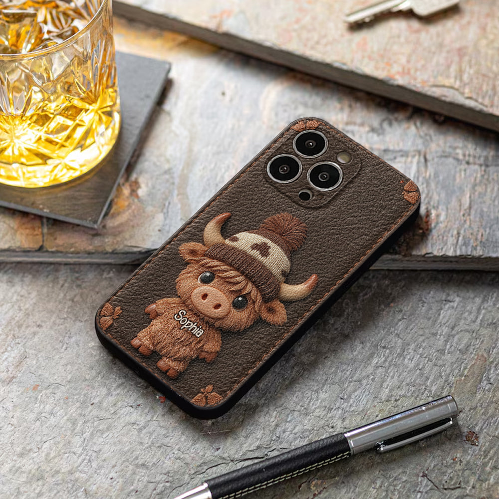 Love Highland Cows - Personalized Highland Cow Leather Phone Case
