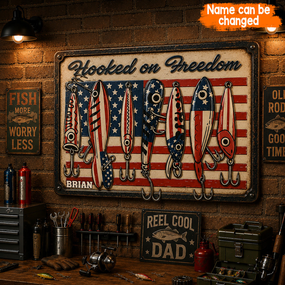 Patriotische Angelrute USA Flagge - Personalisierte 3D-gedruckte Metalltafel