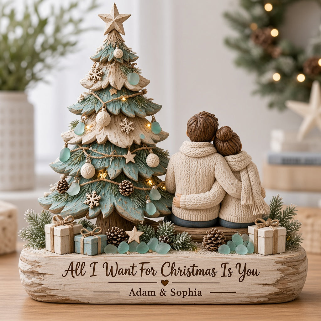 Tout ce que je veux pour Noël, c'est toi - Plaque en bois personnalisée en forme de couple