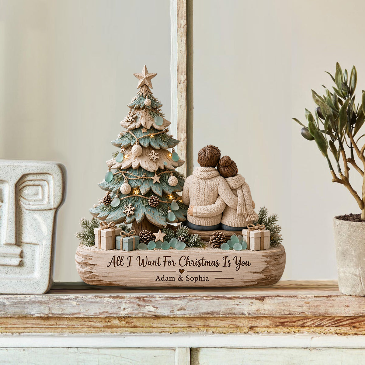 Tout ce que je veux pour Noël, c'est toi - Plaque en bois personnalisée en forme de couple