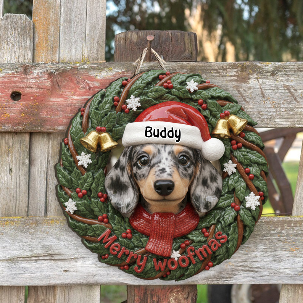 Merry Woofmas Lovely Dog Pet Lovers Wreath - Personalized Dog Custom Shaped Wood Sign