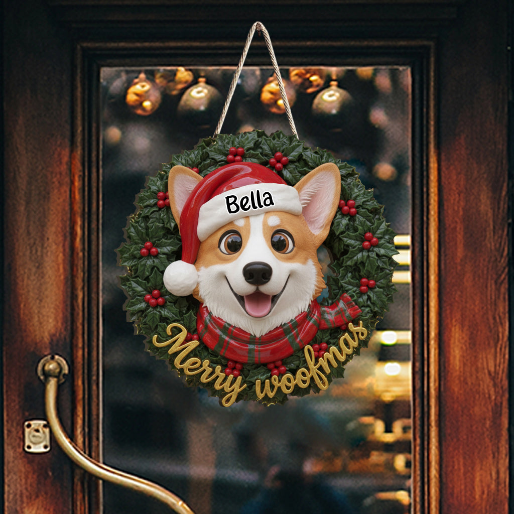 Merry Woofmas Lovely Dog Pet Lovers Wreath - Personalized Dog Custom Shaped Wood Sign