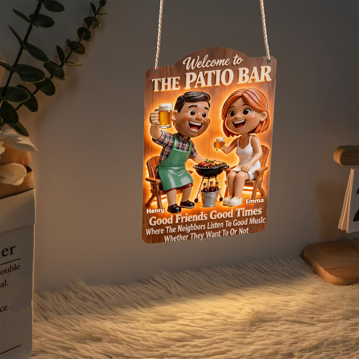 Couple faisant un barbecue sur la terrasse - Panneau lumineux LED personnalisé en acrylique pour couple