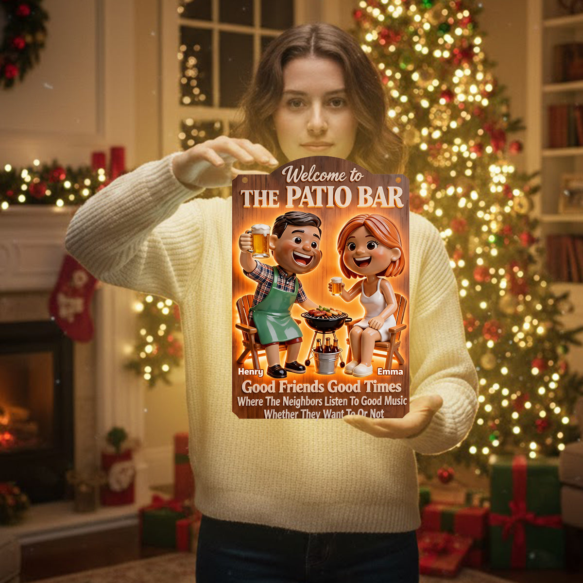 Couple faisant un barbecue sur la terrasse - Panneau lumineux LED personnalisé en acrylique pour couple