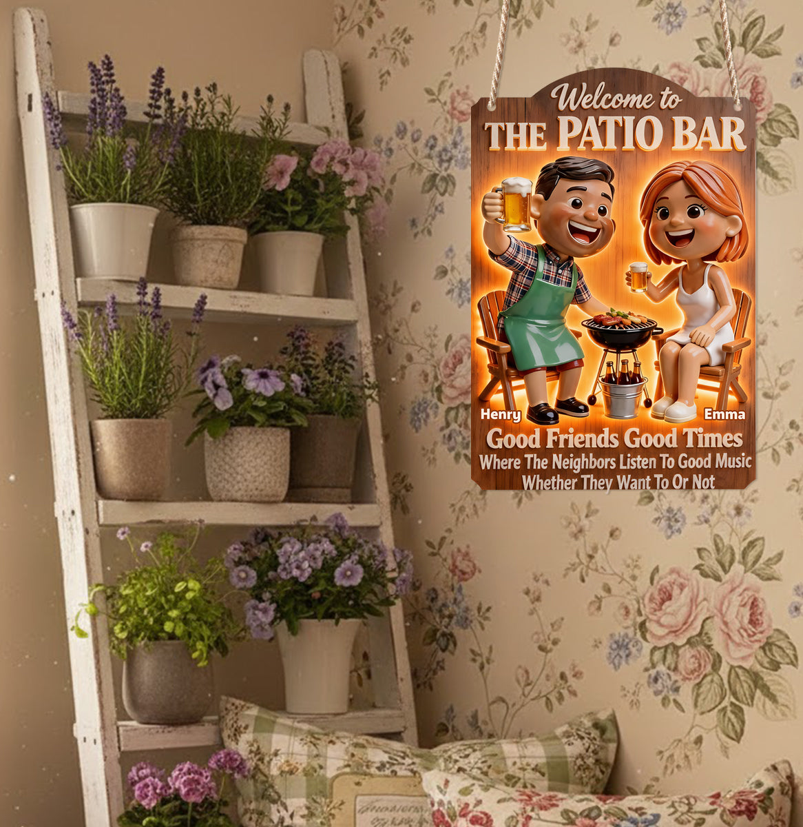 Couple faisant un barbecue sur la terrasse - Panneau lumineux LED personnalisé en acrylique pour couple