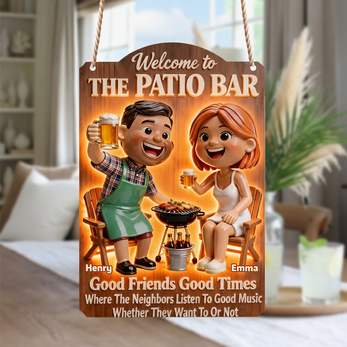 Couple faisant un barbecue sur la terrasse - Panneau lumineux LED personnalisé en acrylique pour couple