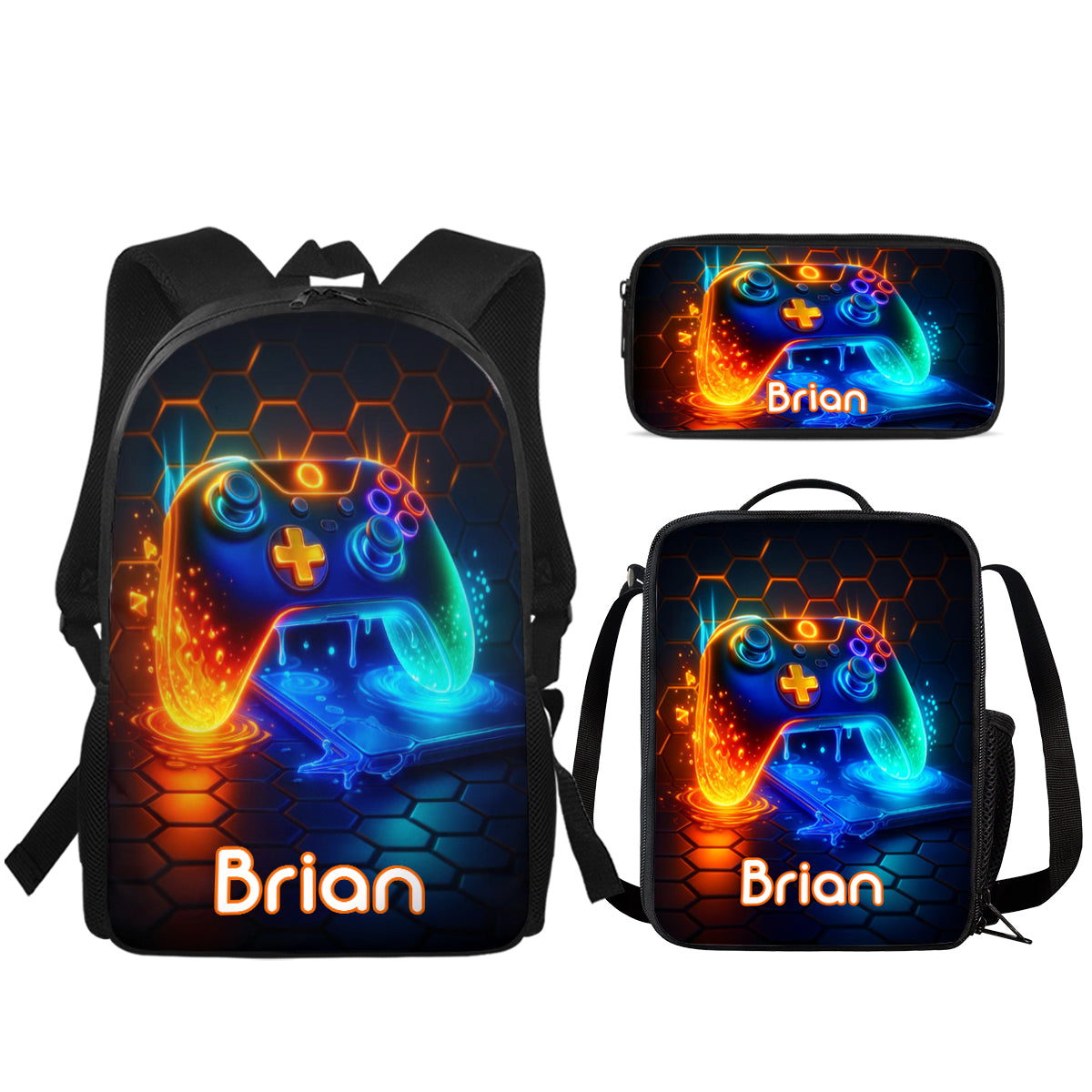 Gaming Handle - Boys' Large Capacity School Bag Set of Three - Personalized Kid Backpack Lunch Bag Pencil Case Set