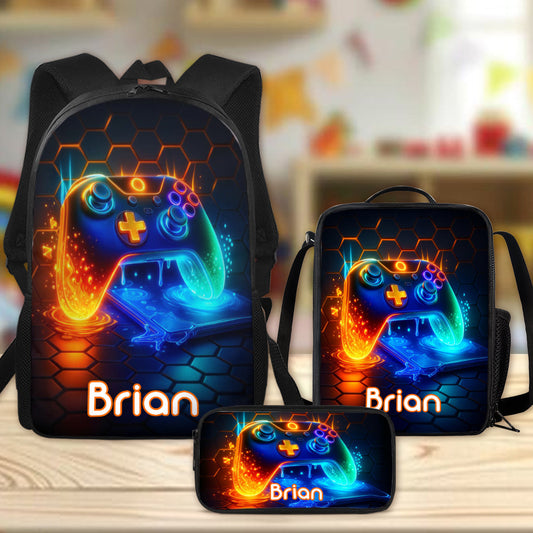 Gaming Handle - Boys' Large Capacity School Bag Set of Three - Personalized Kid Backpack Lunch Bag Pencil Case Set