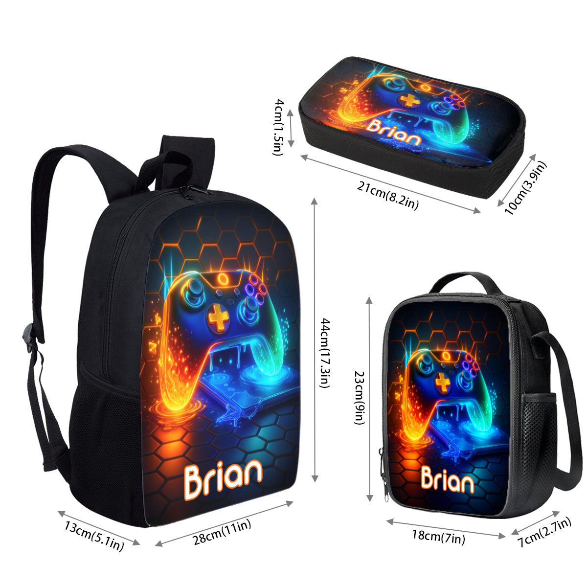 Gaming Handle - Boys' Large Capacity School Bag Set of Three - Personalized Kid Backpack Lunch Bag Pencil Case Set