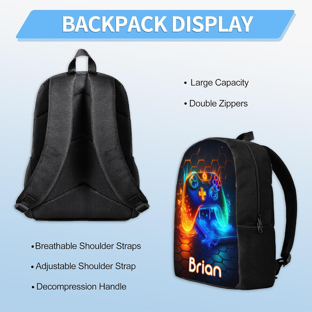 Gaming Handle - Boys' Large Capacity School Bag Set of Three - Personalized Kid Backpack Lunch Bag Pencil Case Set