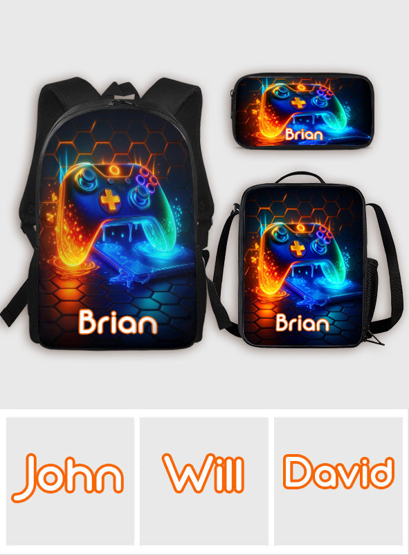 Gaming Handle - Boys' Large Capacity School Bag Set of Three - Personalized Kid Backpack Lunch Bag Pencil Case Set