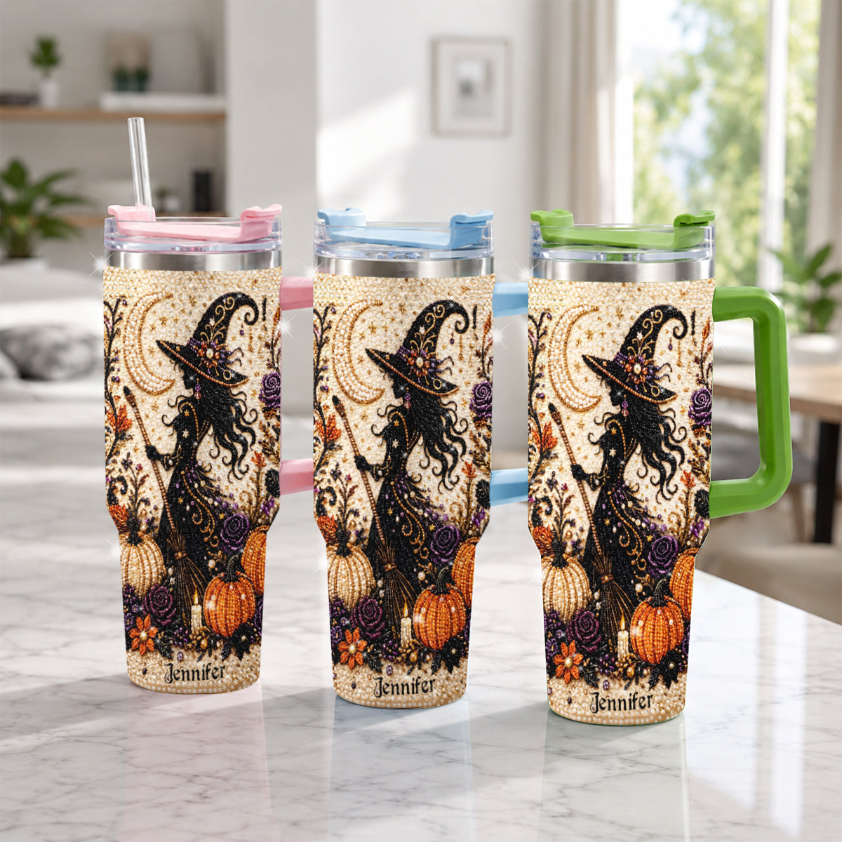 Diamond Witch - Personalized Witch Rhinestone Tumbler With Handle