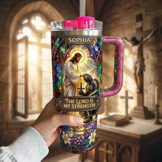 The Lord Is My Strength - Personalized Christian Tumbler With Handle
