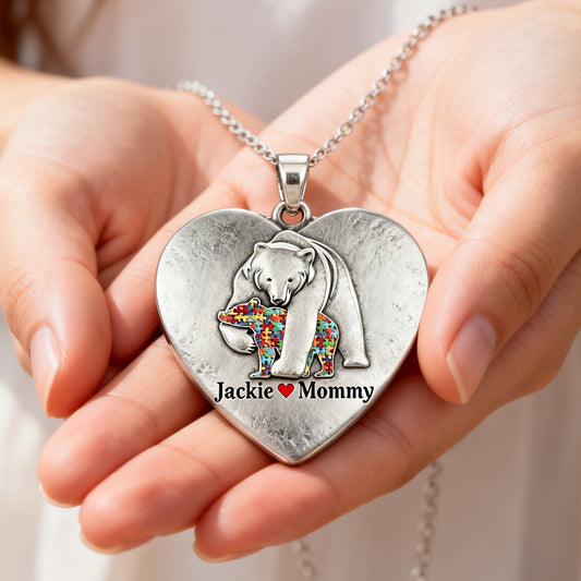 Autism Mama Bear - Personalized Autism Awareness Shaped Metal Pendant Necklace