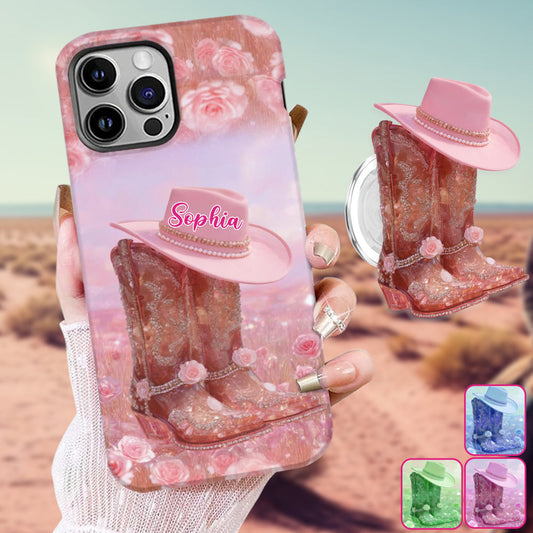 Coque de téléphone et support pour téléphone personnalisés avec imprimé intégral « Cowgirl florale »