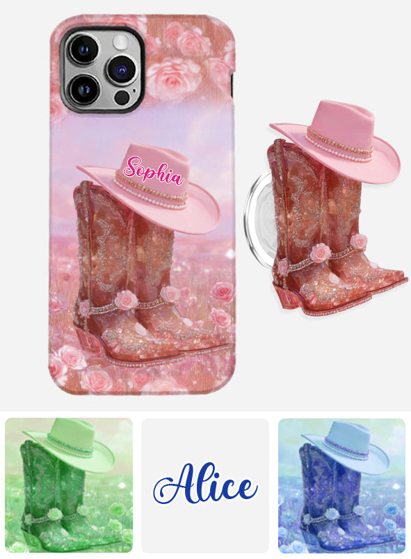 Florales Cowgirl-Motiv – Personalisierte Handyhülle und Handygriff mit Cowgirl-Vollbilddruck