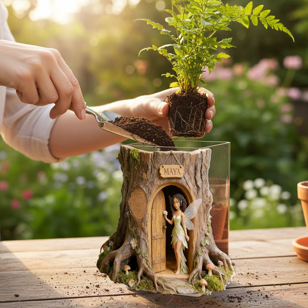 Individuell gestaltete Gartenfee mit Lieblingsblume – personalisierter Acryl-Gartentopf