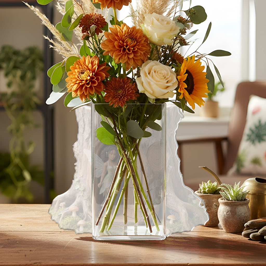 Individuell gestaltete Gartenfee mit Lieblingsblume – personalisierter Acryl-Gartentopf