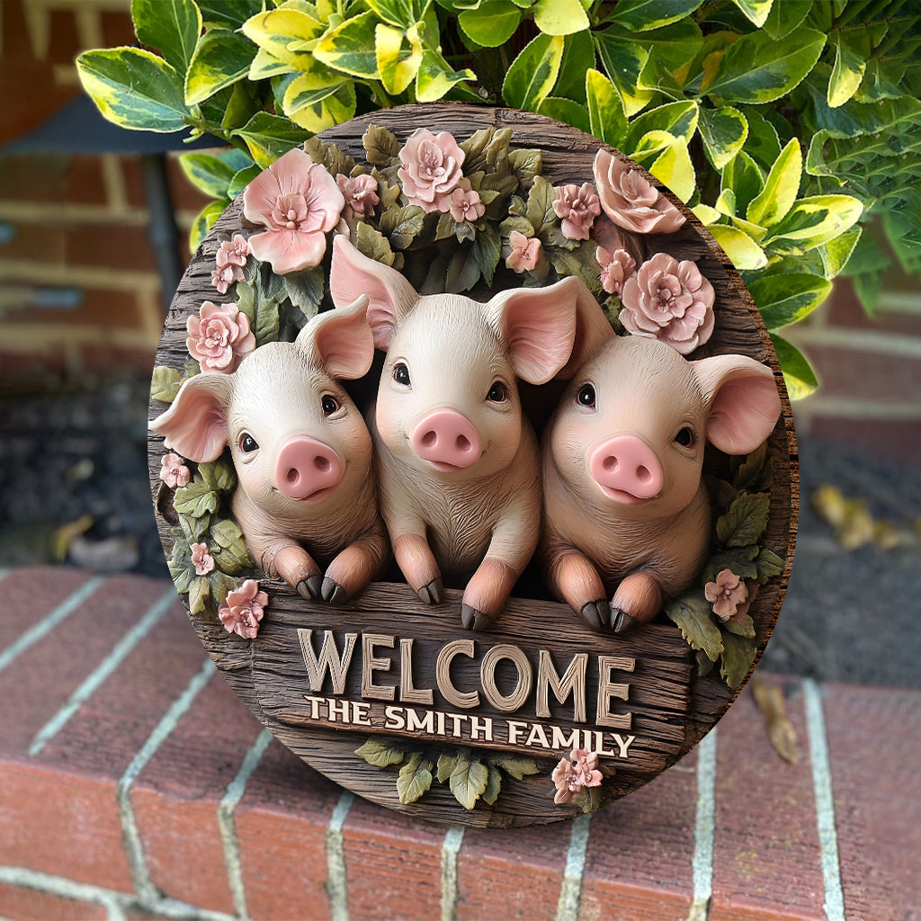 Welcome - Personalized Pig Lover Round Wood Sign