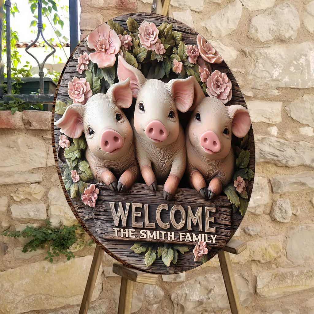 Welcome - Personalized Pig Lover Round Wood Sign