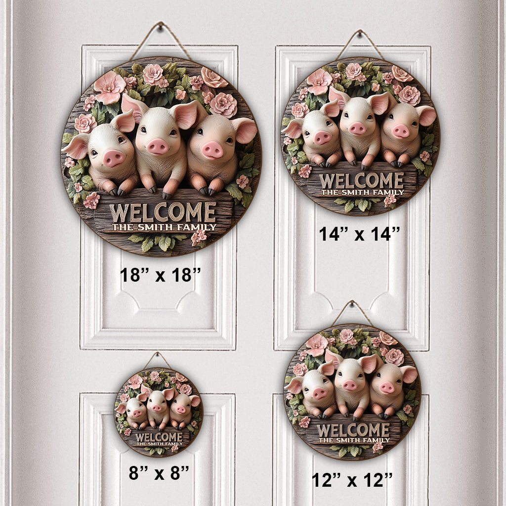 Welcome - Personalized Pig Lover Round Wood Sign