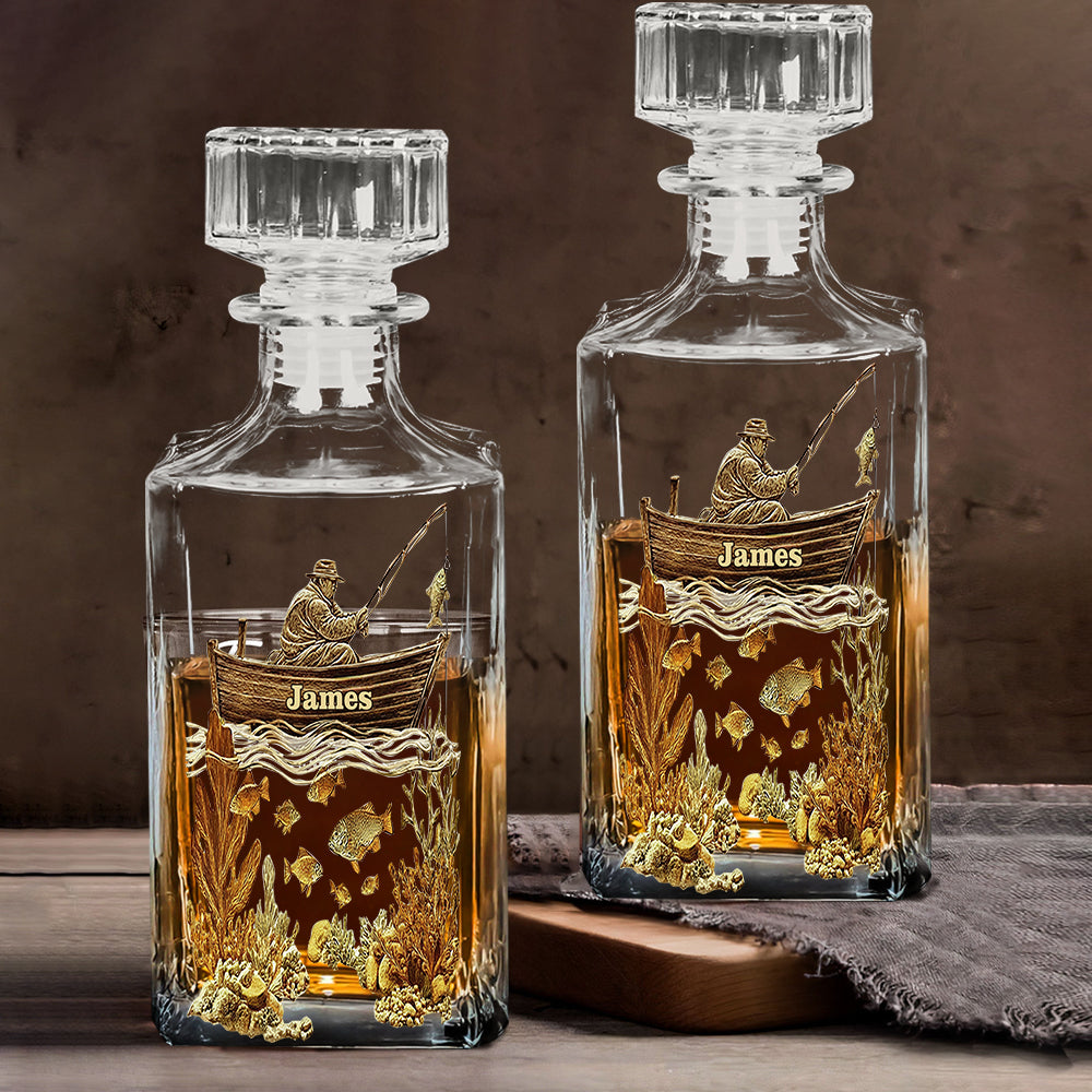 Personalized Fishing Whiskey Bottle and Glass Set - Personalized Fishing Whiskey Decanter Set