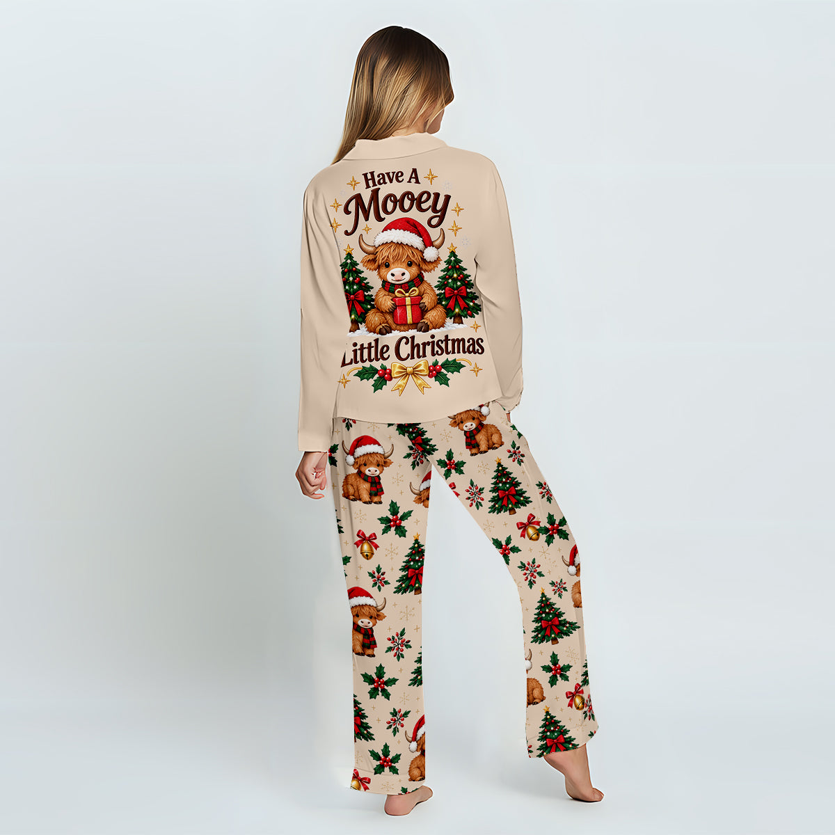 Have A Mooey Little Christmas - Personalized Highland Cow Button Down Pajamas