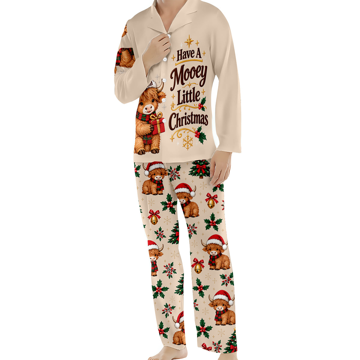 Have A Mooey Little Christmas - Personalized Highland Cow Button Down Pajamas