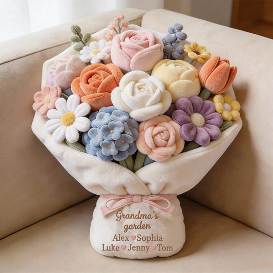 Omas Garten: Wunderschöner Rosenstrauß aus rotem Rosenmaterial – Personalisiertes Oma-Kissen aus Kunstfell