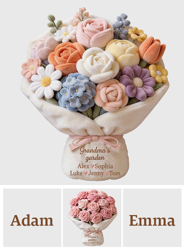 Omas Garten: Wunderschöner Rosenstrauß aus rotem Rosenmaterial – Personalisiertes Oma-Kissen aus Kunstfell