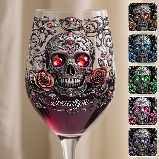 Totenkopf, Wein & Rosen – Personalisiertes Weinglas mit langem Stiel