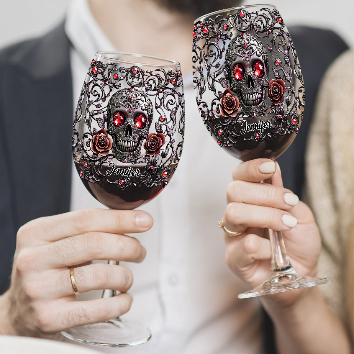 Skull, Wine, & Roses - Personalized Wine Wine Glass With Long Stem