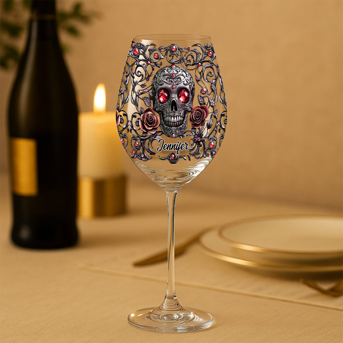Skull, Wine, & Roses - Personalized Wine Wine Glass With Long Stem