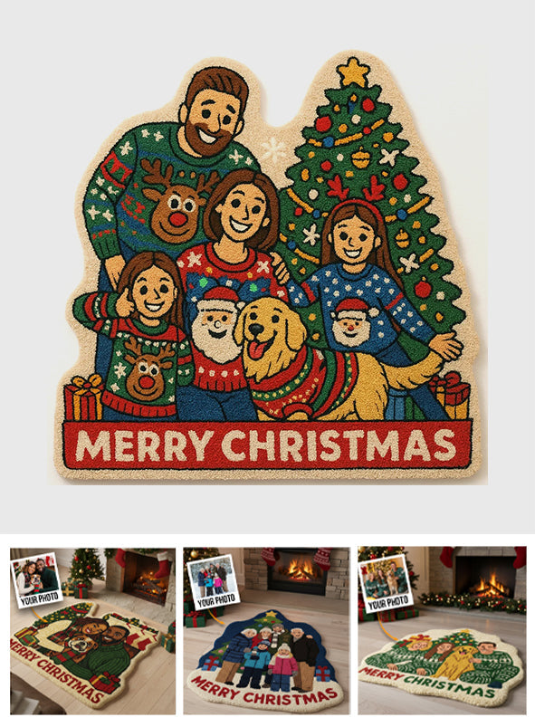 Any Photo To Rug Merry Christmas - Personalized Family Non-Slip Tufted Rug