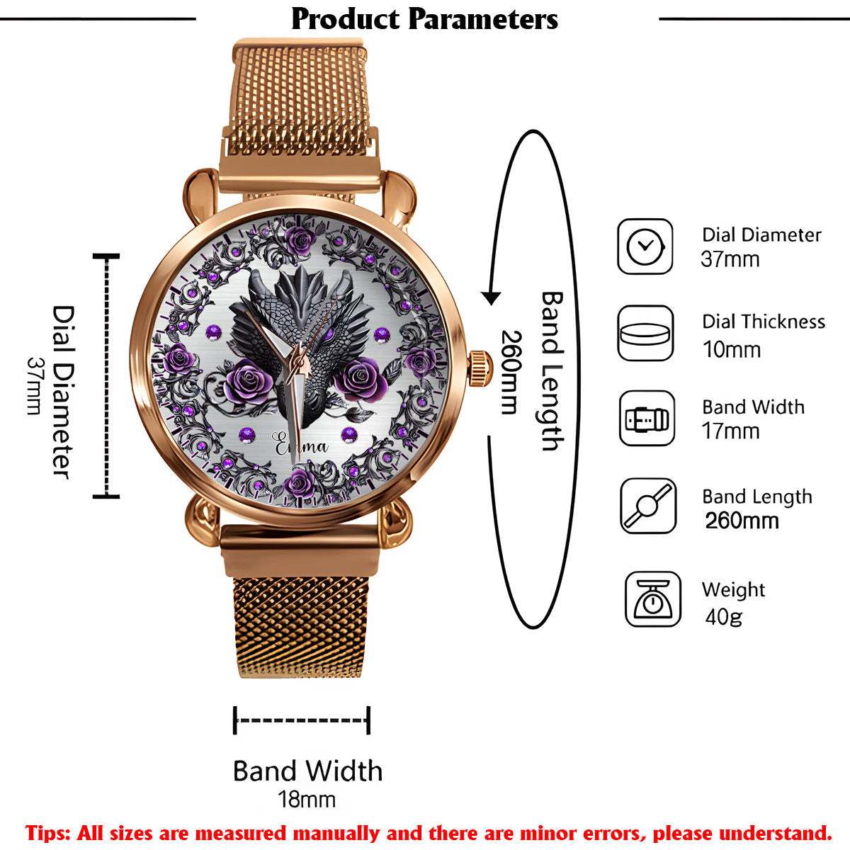 Dragon And Roses - Personalisierte Drachen-Damenhanduhr