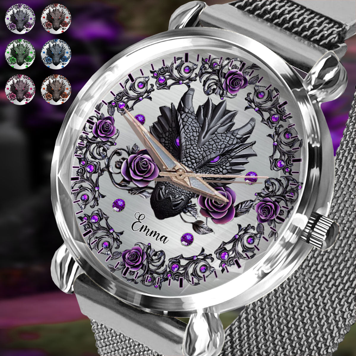 Dragon And Roses - Personalisierte Drachen-Damenhanduhr