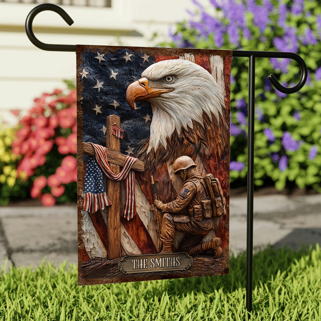 Patriotic Eagle Kneeling Soldier Christ Cross - Personalized Veteran Garden Flag