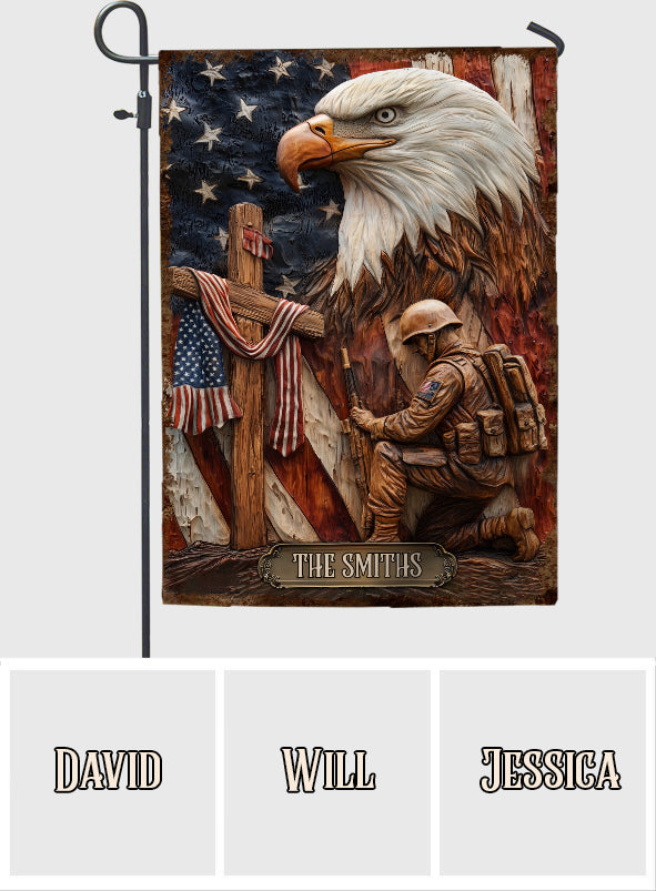 Patriotic Eagle Kneeling Soldier Christ Cross - Personalized Veteran Garden Flag