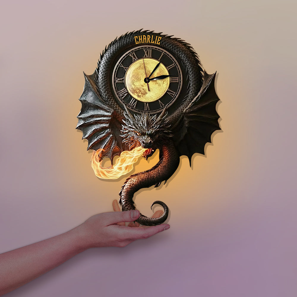 Horloge murale lumineuse LED Dragon Magique Noir - Personnalisée