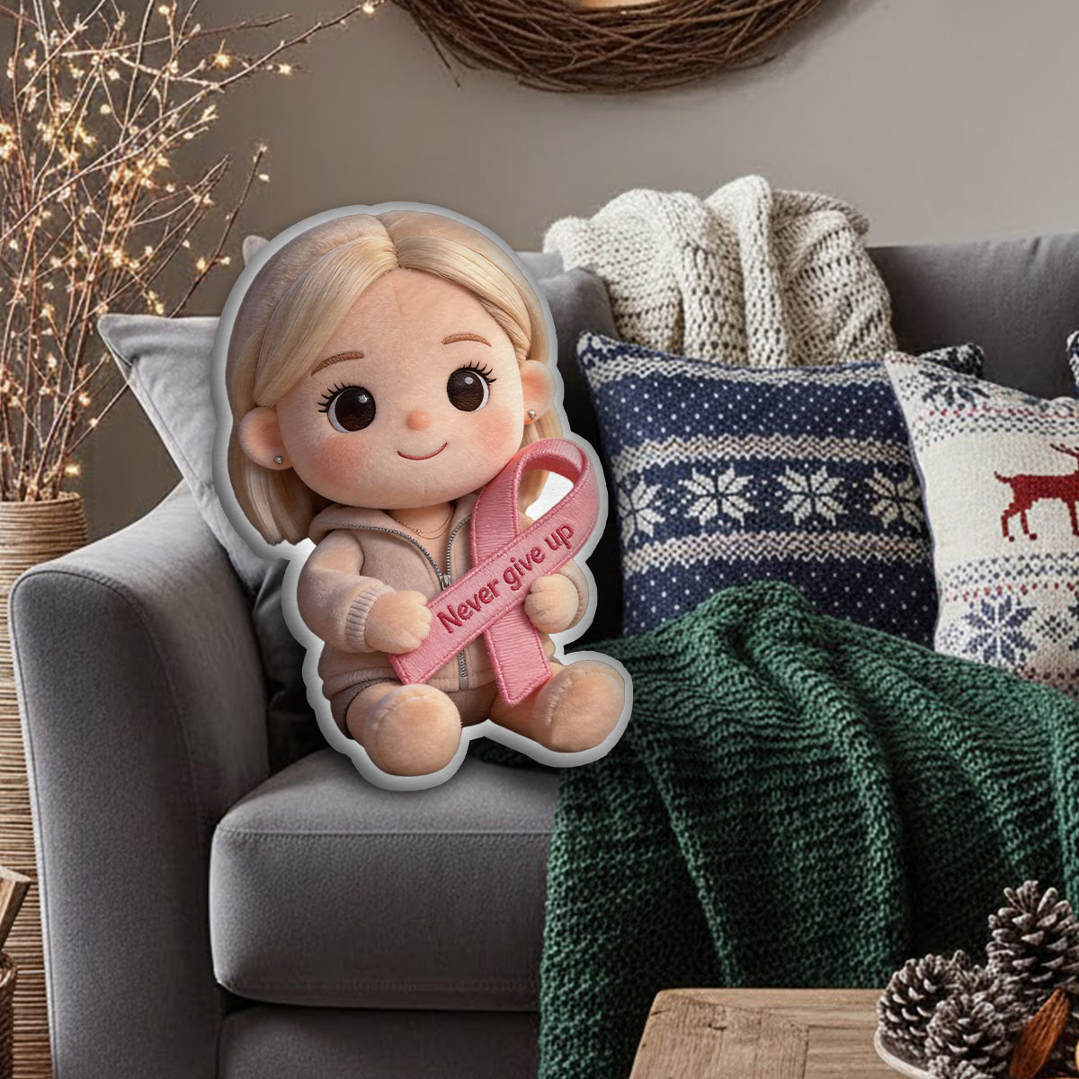 Sensibilisation au cancer du sein - Coussin personnalisé en fausse fourrure pour la sensibilisation au cancer du sein