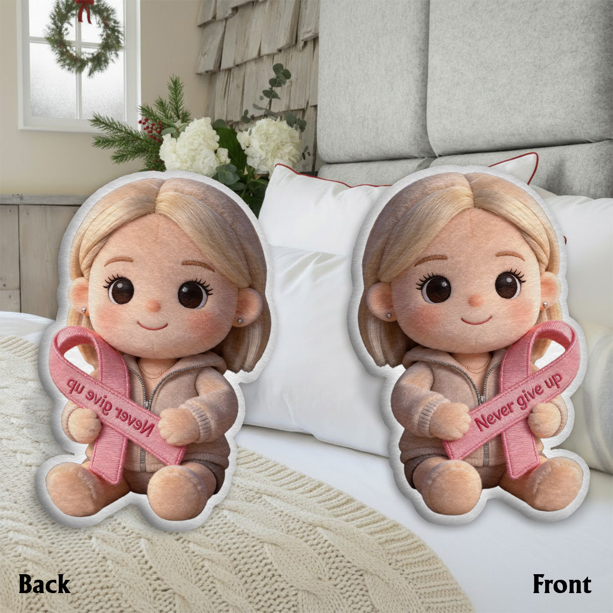 Sensibilisation au cancer du sein - Coussin personnalisé en fausse fourrure pour la sensibilisation au cancer du sein