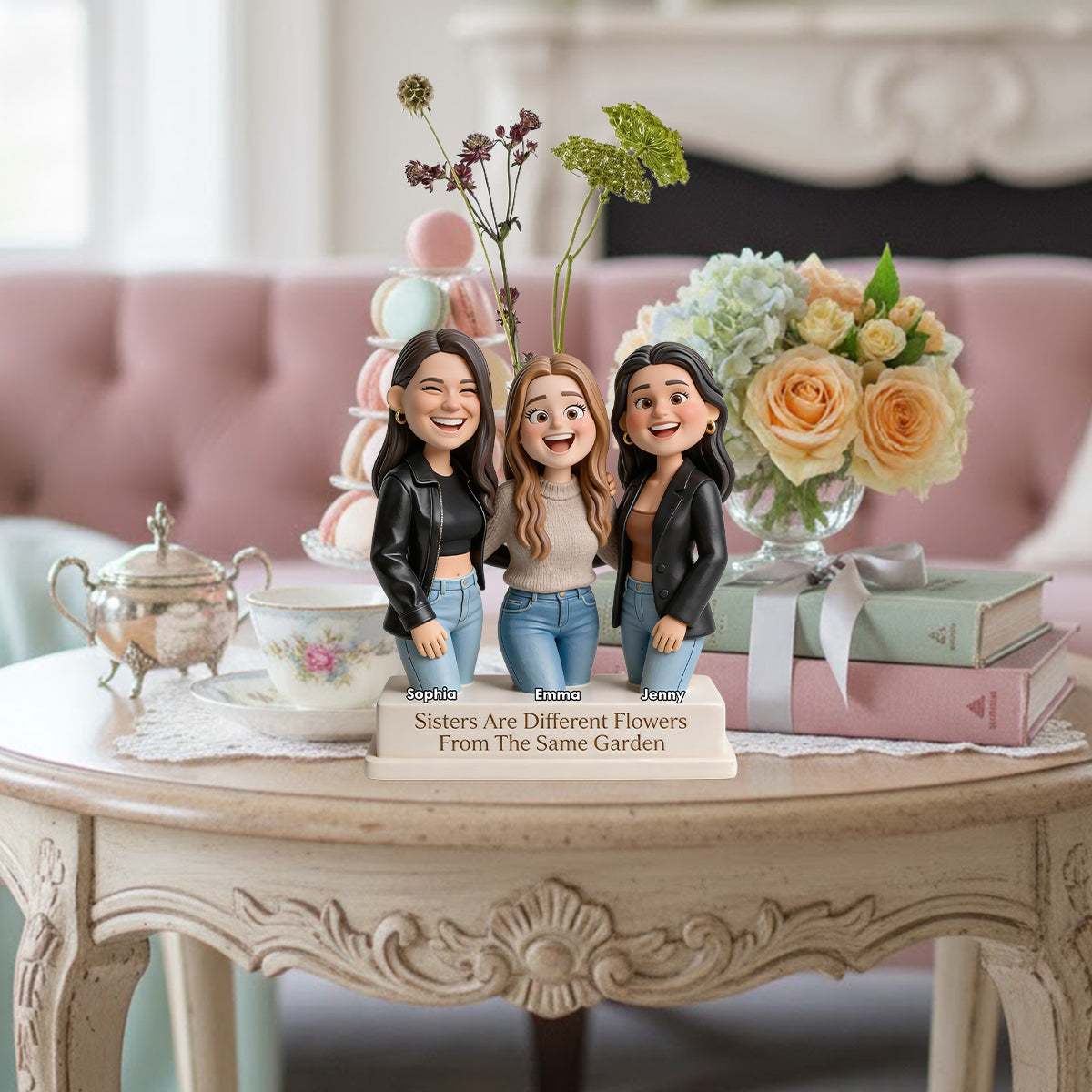 Schwestern sind verschiedene Blumen aus demselben Garten – personalisierte Acrylvase in Schwesterform