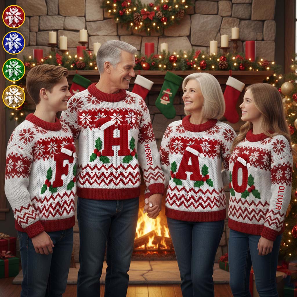 Lettre initiale Joyeux Noël - Pull moche personnalisé pour toute la famille