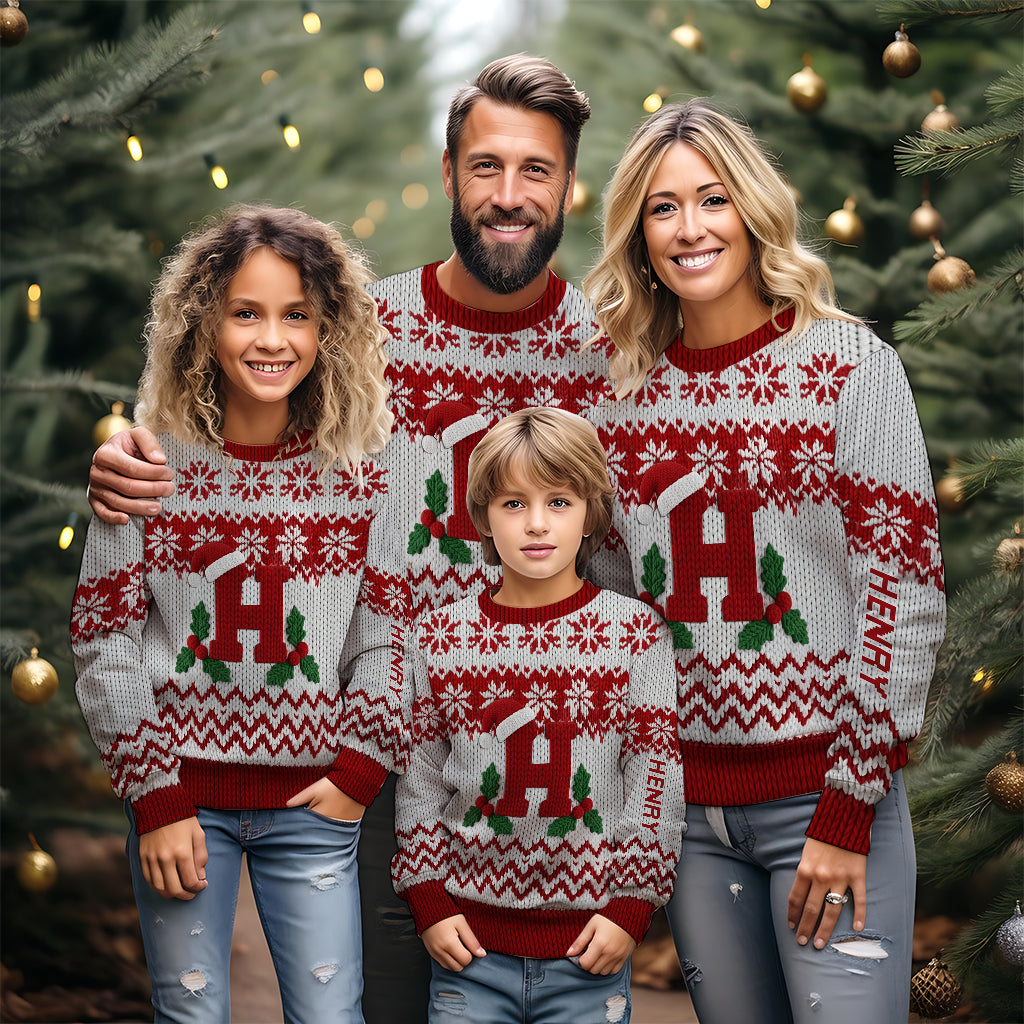 Lettre initiale Joyeux Noël - Pull moche personnalisé pour toute la famille