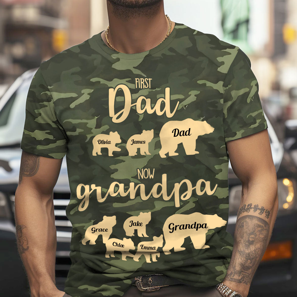 Erst Papa, jetzt Opa – Bärentarnmuster – Personalisiertes Opa-Shirt