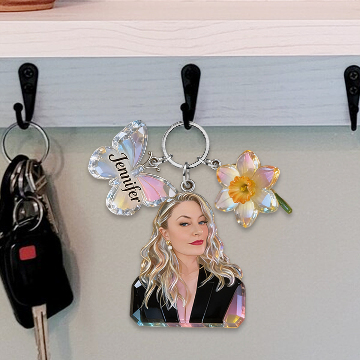 Personalisierter Schlüsselanhänger mit Anhängern und Geburtsblume nach Wahl – inklusive Foto