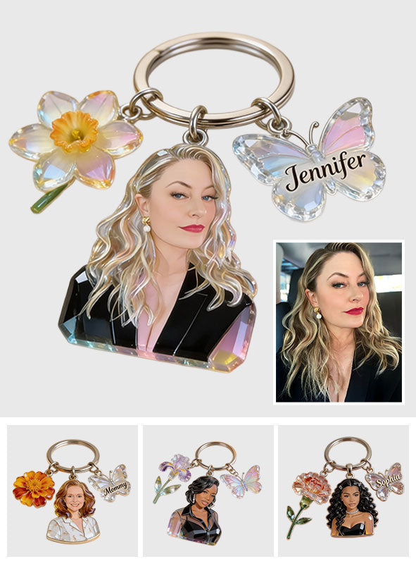 Personalisierter Schlüsselanhänger mit Anhängern und Geburtsblume nach Wahl – inklusive Foto