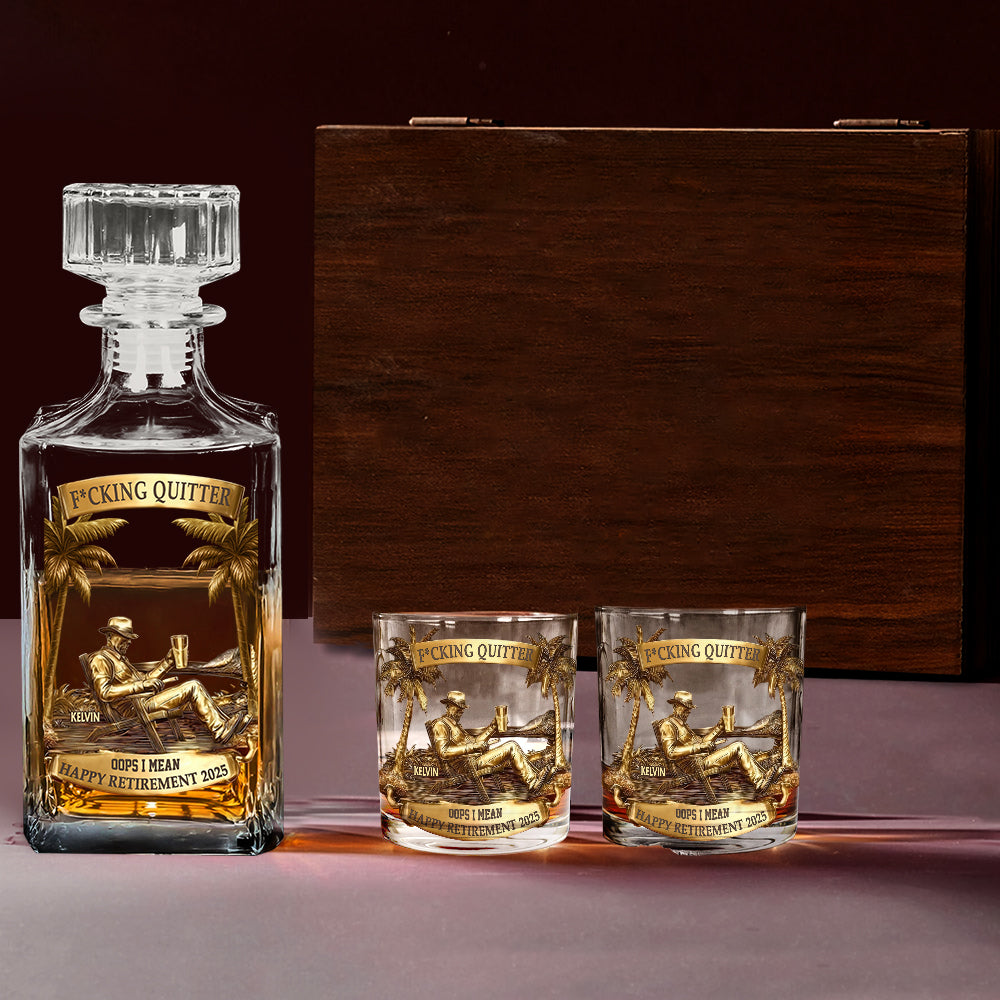 Cadeau de remerciement et de départ à la retraite pour collègues et amis du travail : coffret de carafe à whisky personnalisé.
